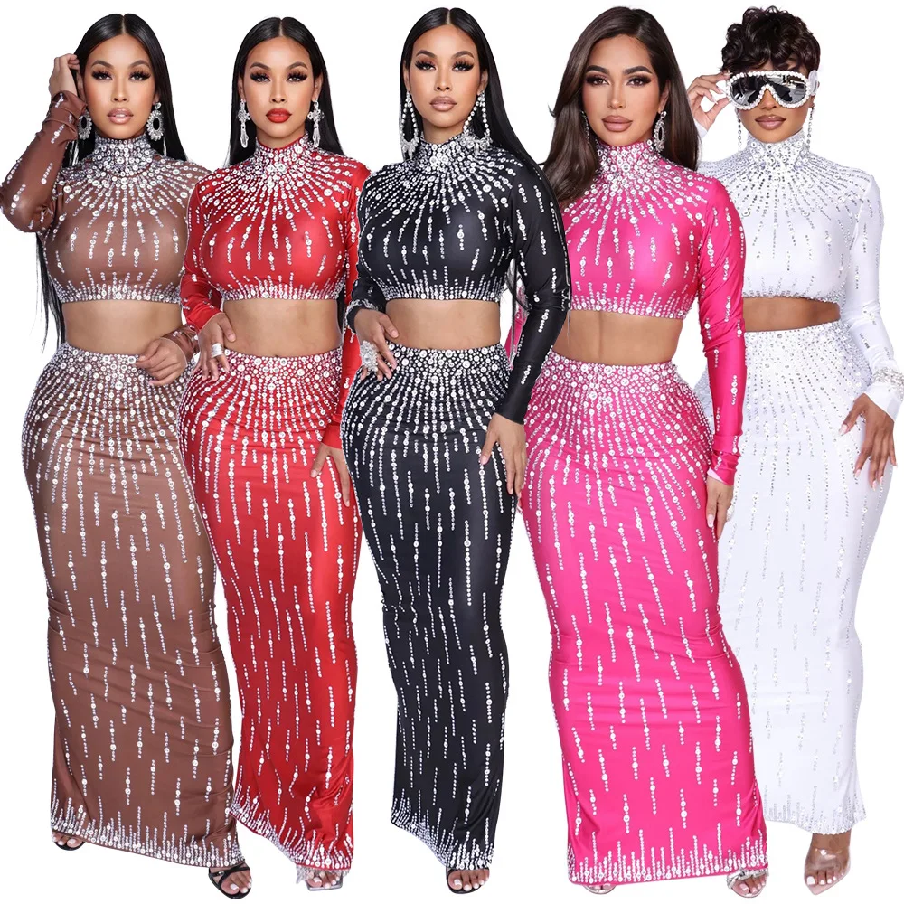 Crop Top Crochet - 女性セットストリート長袖プリントクロップトップス + ハイウエストロングスカートスーツセクシーなパーティーホリデー 2 2 点セットドレス