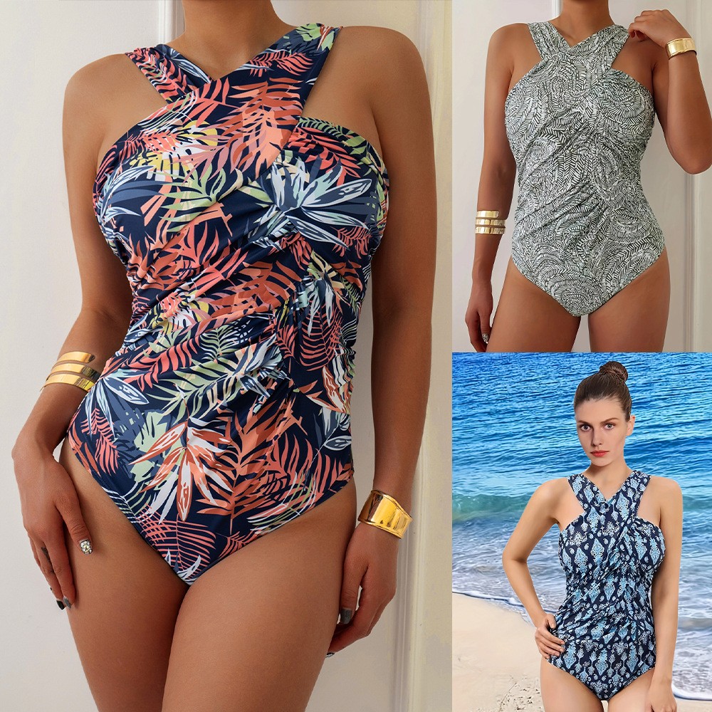 Swimsuit Bikini Ruched - 女性用水着 プラスサイズ 控えめな水着 クロスフロント水着 ホルターネック ラッフルウエスト水着