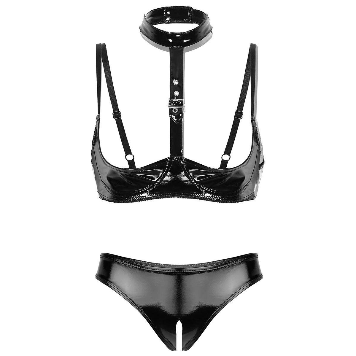 Bralette Triangle Set - レディースパテントレザーランジェリーセットブラックバックルホルターウェットルックラテックスノンワイヤーオープンカップブラトップ露出胸ブラレット
