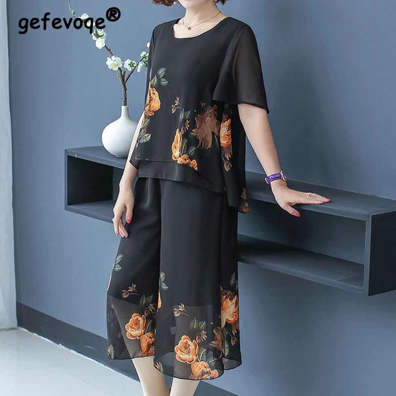 Romper Floral Print - エレガントなファッション花柄レースショートセット夏 2025 O ネック半袖ブラウスふくらはぎ丈パンツルーズ婦人服