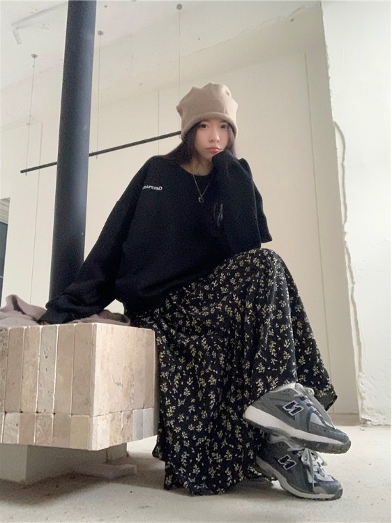 Midi Skirt Floral - プラスサイズの女性のハイウエスト花柄ルーズフィットミディスカート韓国スタイル通勤カジュアルAラインスカート秋冬