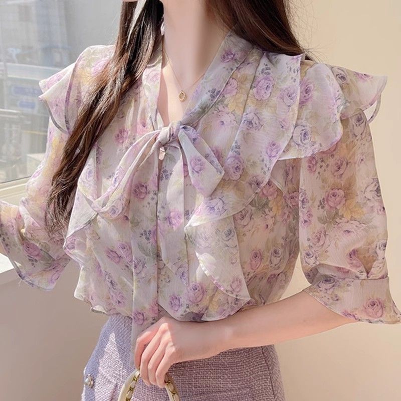 Romper Floral Print - 花柄ちょう結びシフォンレディース半袖夏フリル裾プリントブラウス