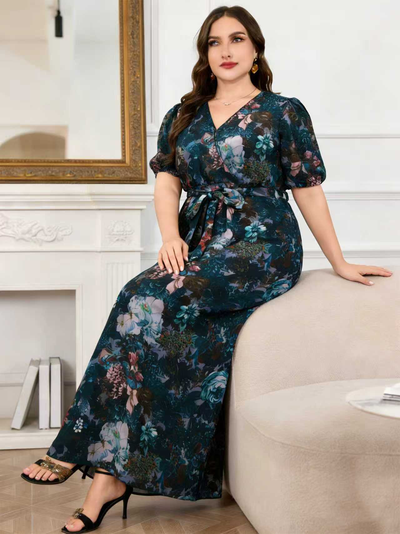 Romper Floral Print - 2026新作入荷 プラスサイズ レディース ダークフローラル ワンピース ラップVネック