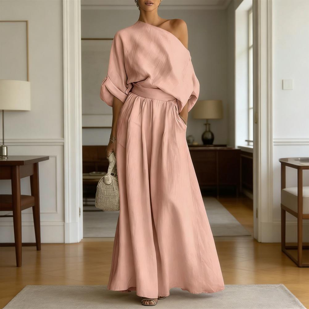 Blouse Off Shoulder - 女性用ブラウスパンツセット エレガントな欧米風 ウエストシェイプ スロープショルダートップとパンツのツーピースセット 夏服
