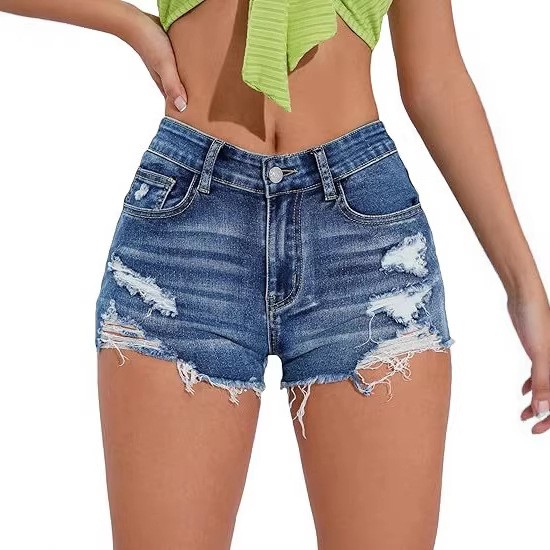 Shorts Denim Frayed - レディースハイウエストダメージ加工ブルーデニムショートパンツ、フリンジ付き裾、ストレートレッグ、コットンカジュアルジョーツ、ミニ丈