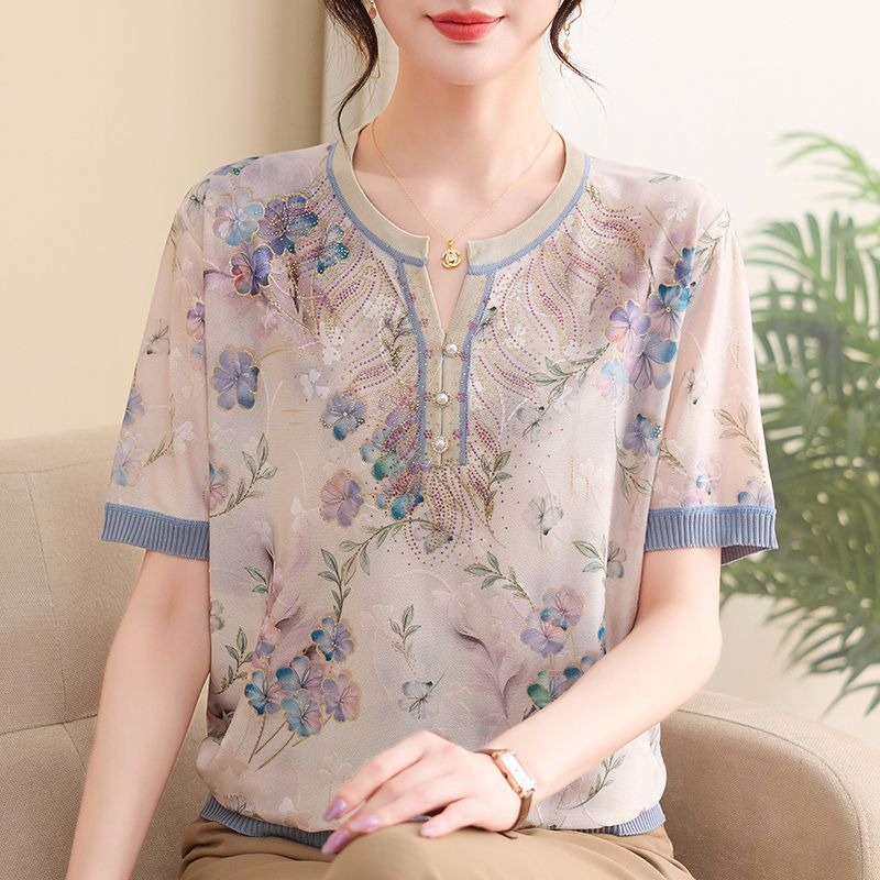 Romper Floral Print - エレガントなママ向け女性用アイスシルクニットトップス、夏用花柄プリント半袖Vネックカジュアルブラウス