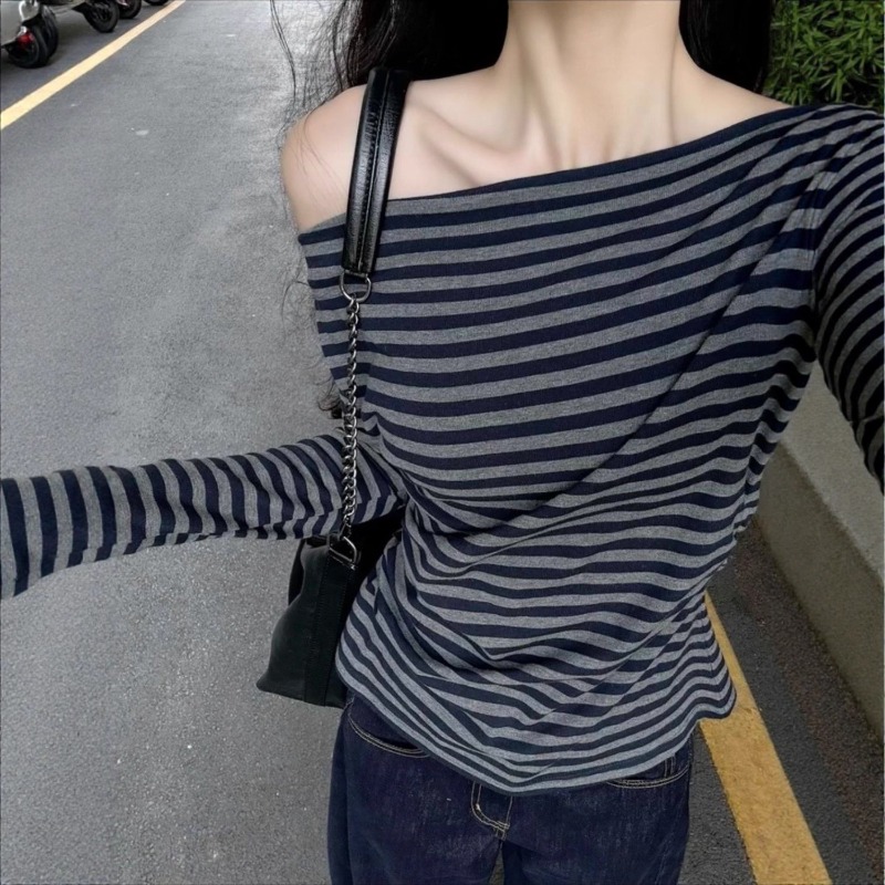 Blouse Off Shoulder - 女性用ヴィンテージストライプオフショルダーロングスリーブトップ韓国風レイジースラントショルダースリムカジュアルブラウス