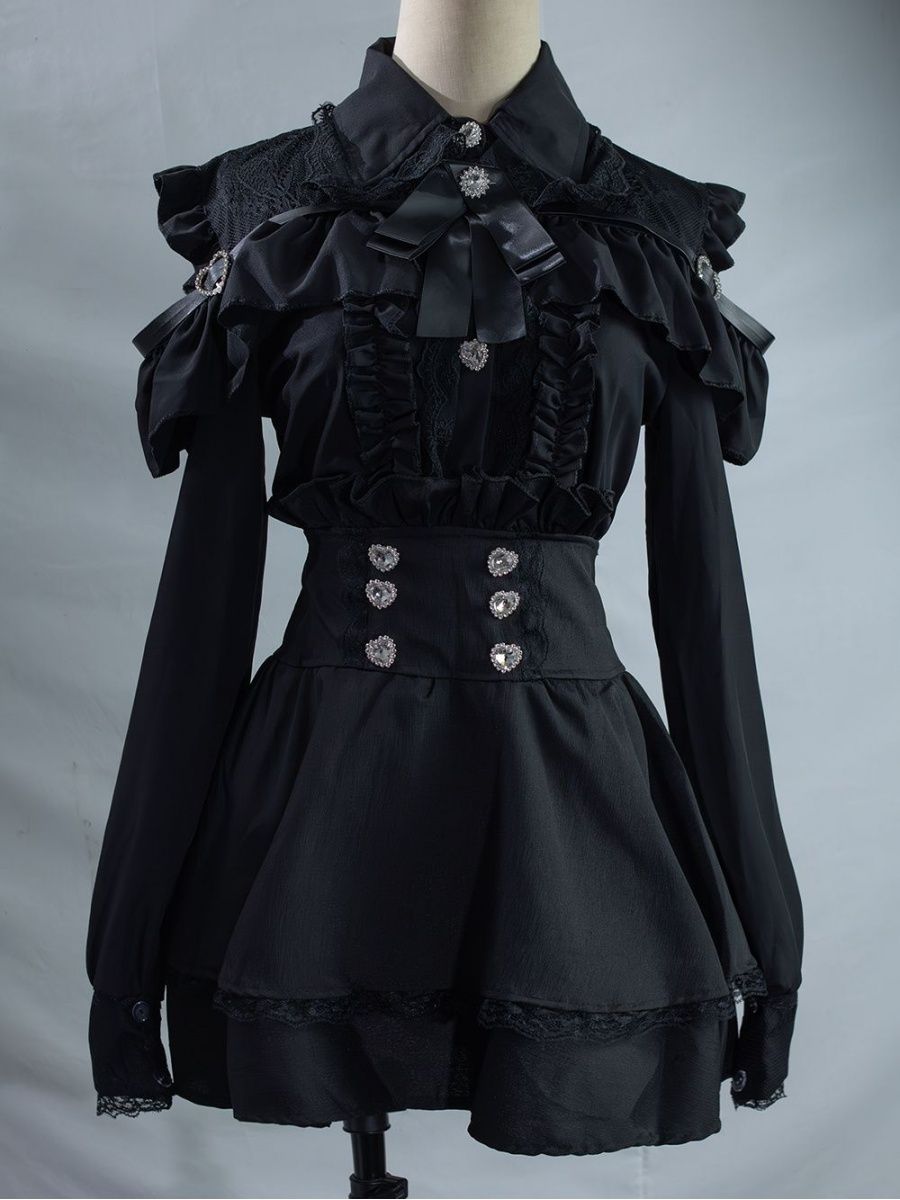 Blouse Off Shoulder - サブカルチャーJK制服2点セット オフショルダー スウィートブラウス ハイウエストミニスカートセット 日本風ロリータセット シック