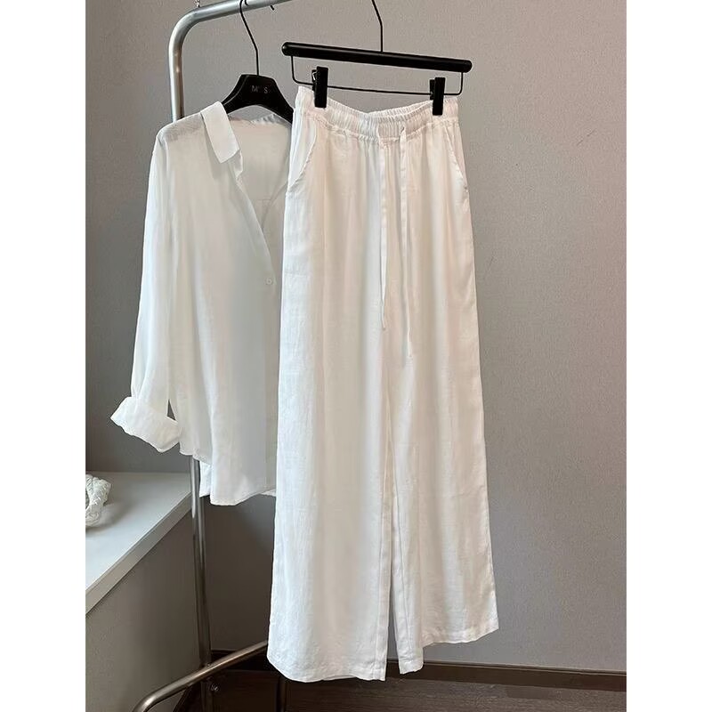 Linen Pant Wide - 韓国白綿リネンワイドレッグパンツシャツセット女性のルーズファッション弾性ウエストカジュアルパンツ長袖トップス女性