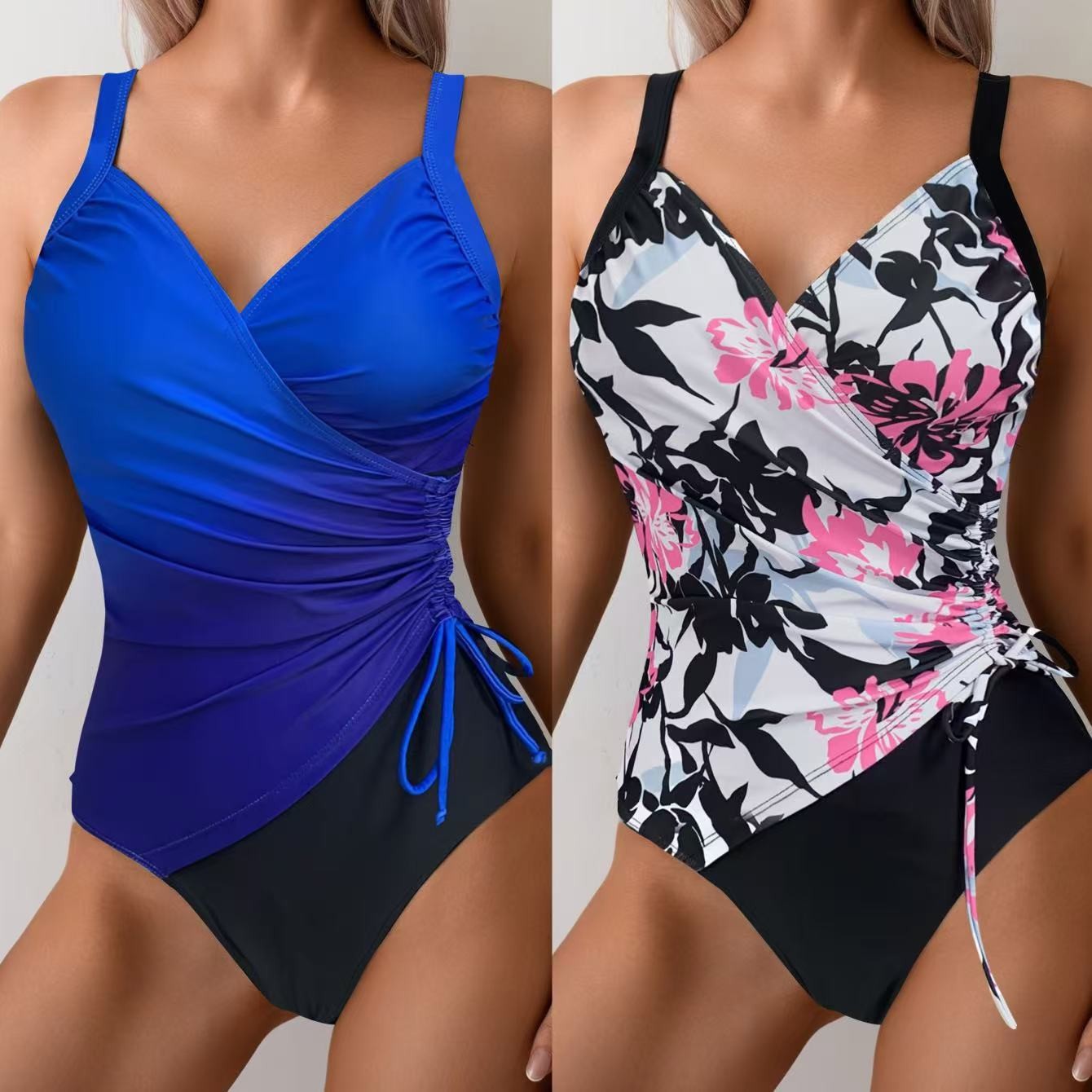 Swimsuit Bikini Ruched - 女性用タンキニ、お腹を引き締めるビキニ、ノースリーブVネック水着、サイドギャザー水着、花柄タンキニ、女性用お腹コントロール水着