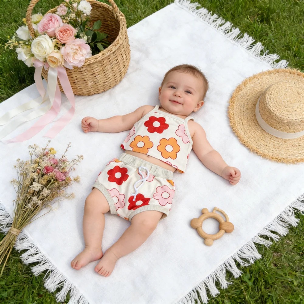 Headband Summer Knit - 夏 0-24M 女の赤ちゃんスーツフラワーノースリーブスリングタンクトップ弾性ウエストショーツヘッドバンド 3 個セット