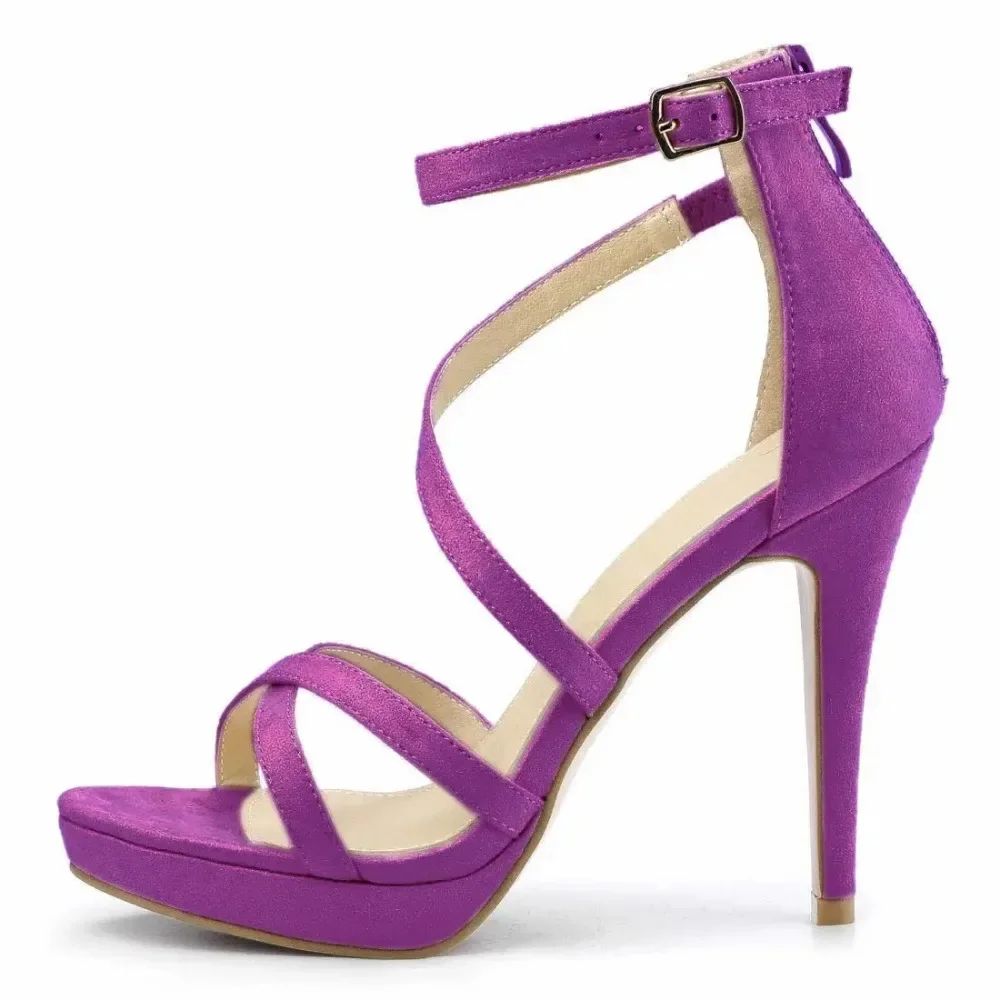 Sandal Strappy Heeled - 女性サンダル夏セクシーなパンプス 11 センチメートルベルベットオープントゥアンクルストラップスティレットストラップハイヒールナイトクラブパーティー結婚式のドレスシューズ