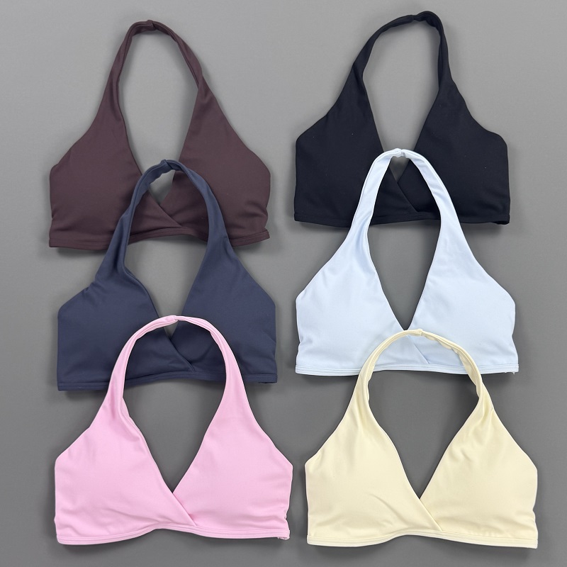 Crop Top Crochet - ジムトップ レディース ホルターネック スポーツブラ フロントクロス Vネック