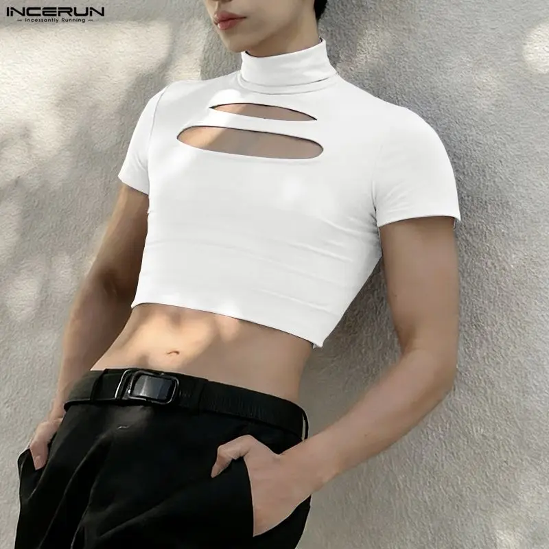 Crop Top Crochet - INCERUN 男性 Tシャツソリッドタートルネック半袖中空アウト男性クロップトップス Camisetas ストリート 2026