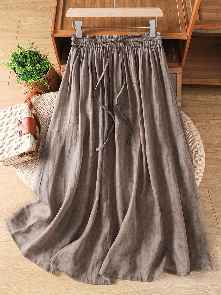 Midi Skirt Floral - レトロ花柄プリントコットンリネンハーフスカート女性の夏弾性ハイウエスト巾着ドレープ二重層Aラインミディスカート