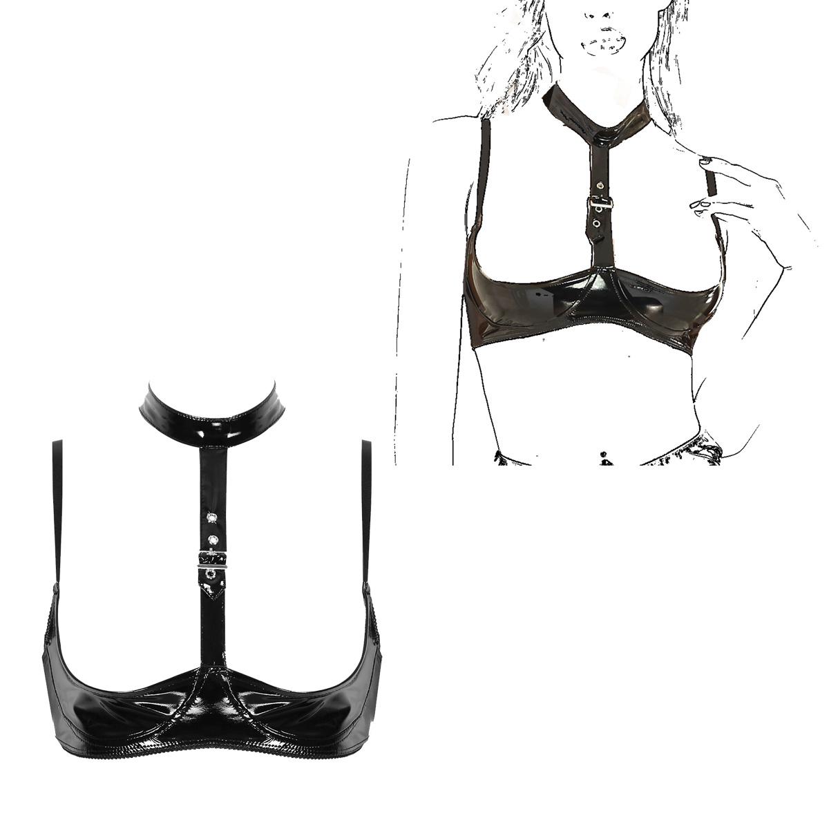レディースパテントレザーランジェリーセットブラックバックルホ - Bralette Triangle Set のレビューと価格