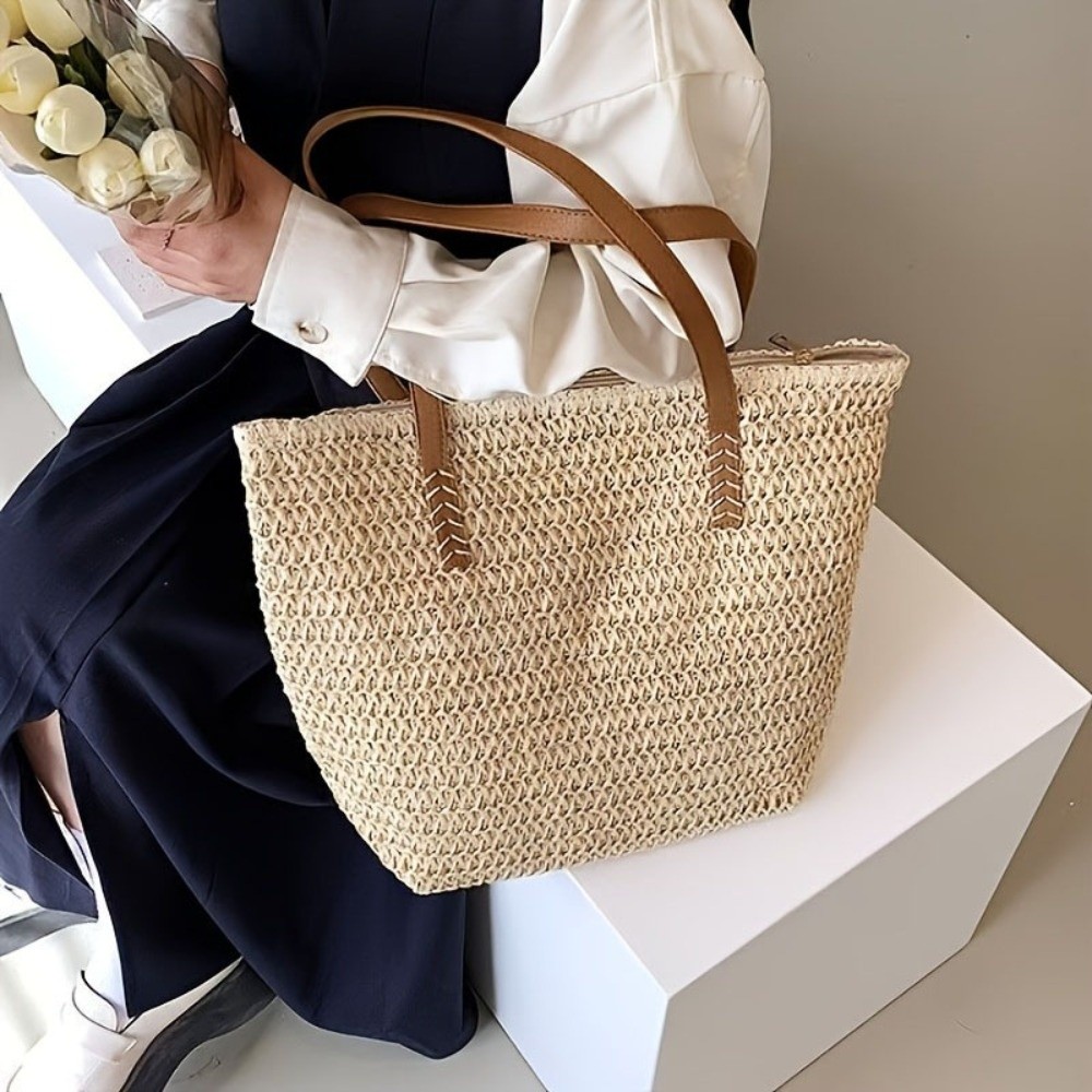 ファッションソリッドカラー織りストロートートバッグスクエアジ - Tote Bag Beach のレビューと価格