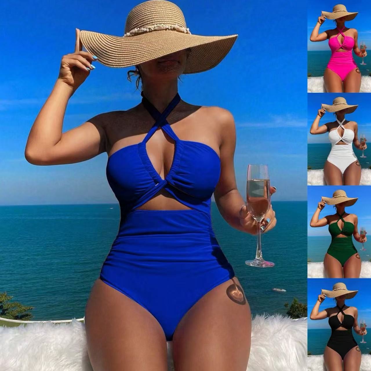 女性用水着 ホルターネック 無地水着 バックレス ウエストシ - Swimsuit Bikini Ruched のレビューと価格