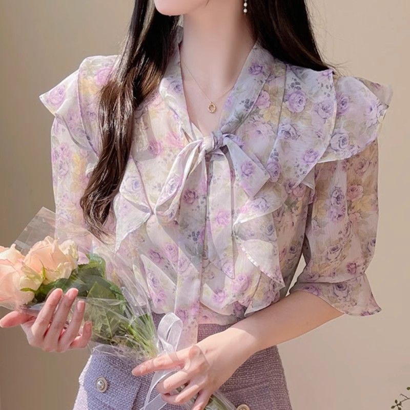 花柄ちょう結びシフォンレディース半袖夏フリル裾プリントブラウ - Romper Floral Print のレビューと価格