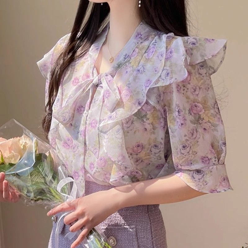 花柄ちょう結びシフォンレディース半袖夏フリル裾プリントブラウ - Romper Floral Print のレビューと価格