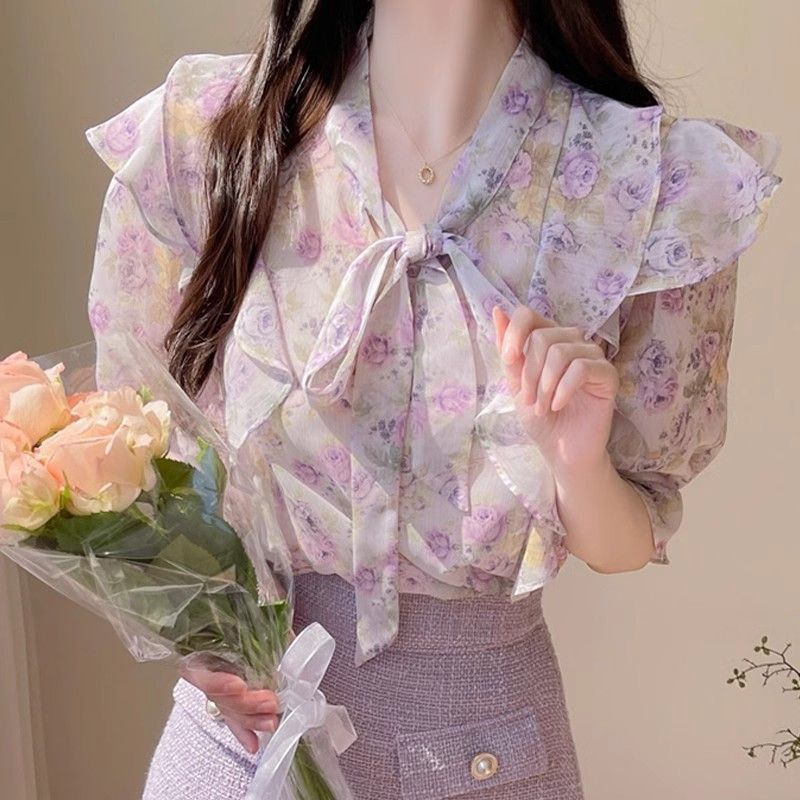 花柄ちょう結びシフォンレディース半袖夏フリル裾プリントブラウ - Romper Floral Print のレビューと価格