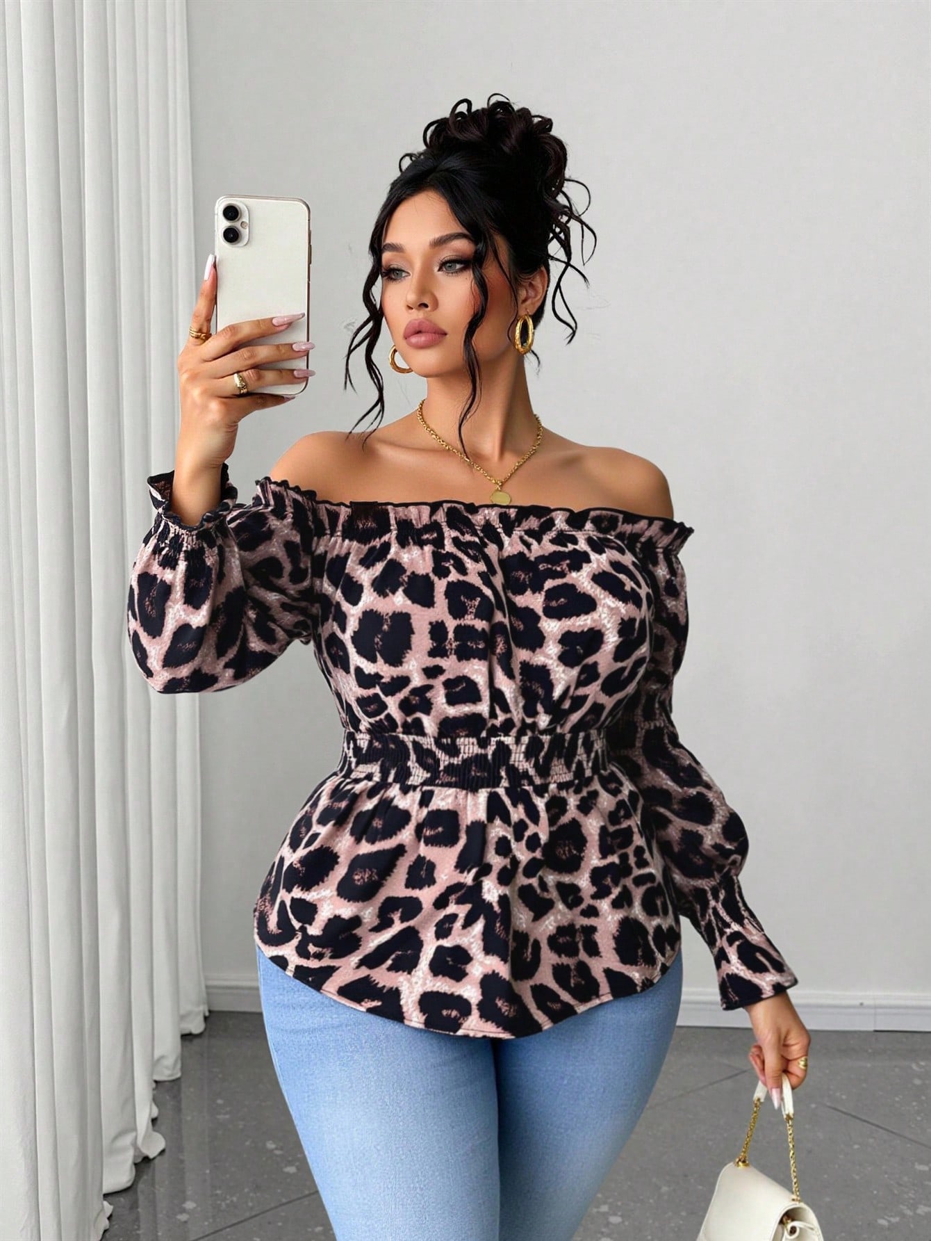 プラスサイズ女性用レオパード柄ラッフルオフショルダー長袖ファ - Blouse Off Shoulder のレビューと価格