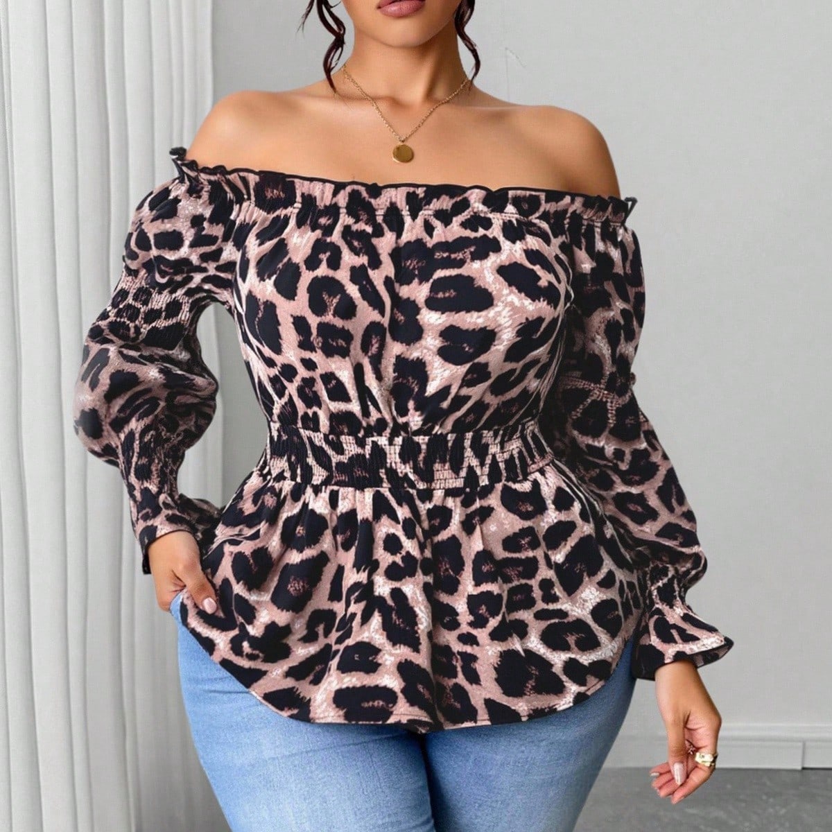 プラスサイズ女性用レオパード柄ラッフルオフショルダー長袖ファ - Blouse Off Shoulder のレビューと価格