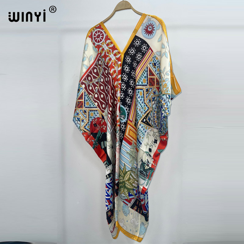 Winyi-ボヘミアンスタイルのプリントドレス,女性用,ビー - Cover Up Kaftan のレビューと価格