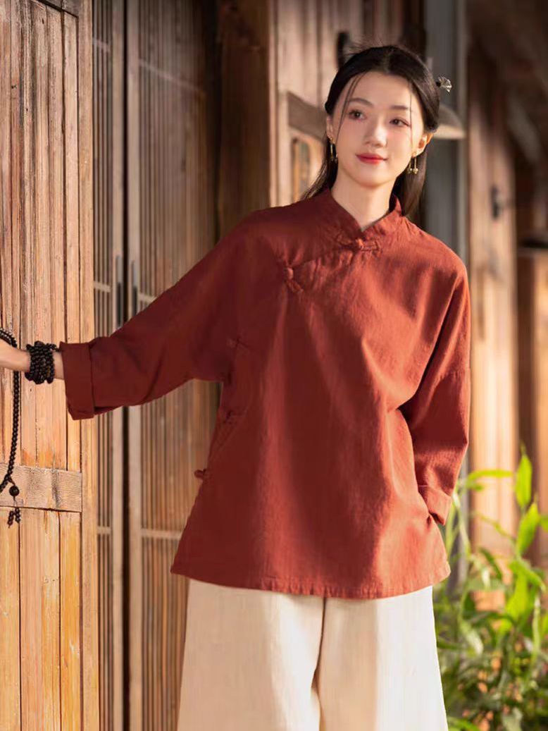 新中国風ゆったり長袖綿麻シャツセット レディース 秋冬 ワイ - Linen Pant Wide のレビューと価格