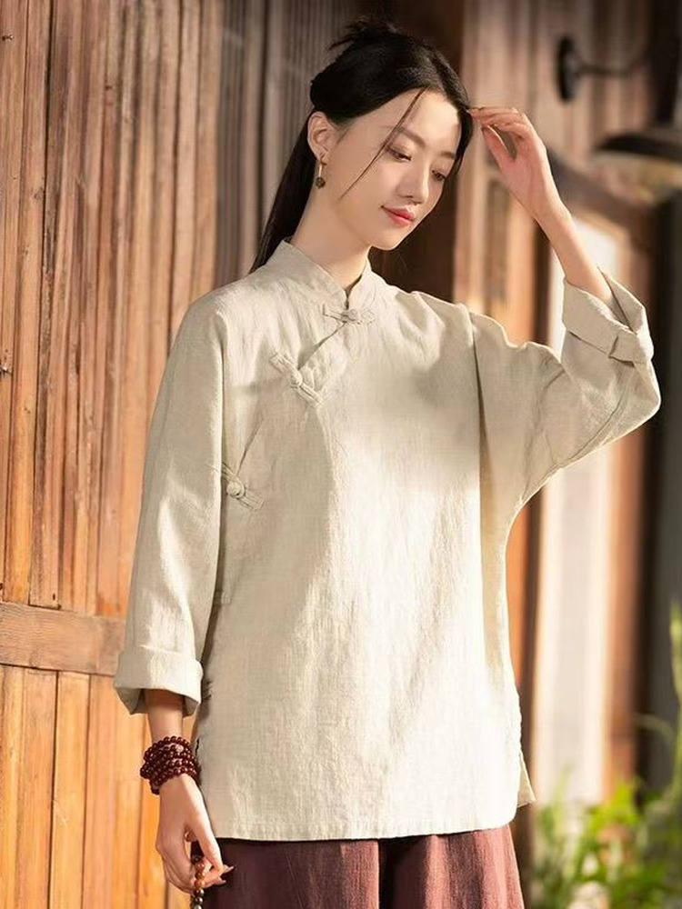 新中国風ゆったり長袖綿麻シャツセット レディース 秋冬 ワイ - Linen Pant Wide のレビューと価格
