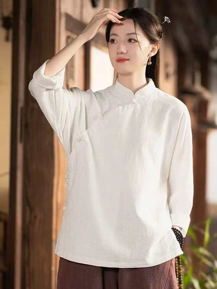 新中国風ゆったり長袖綿麻シャツセット レディース 秋冬 ワイ - Linen Pant Wide のレビューと価格