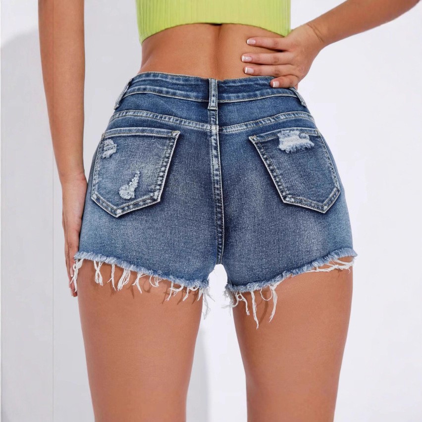 レディースハイウエストダメージ加工ブルーデニムショートパンツ - Shorts Denim Frayed のレビューと価格
