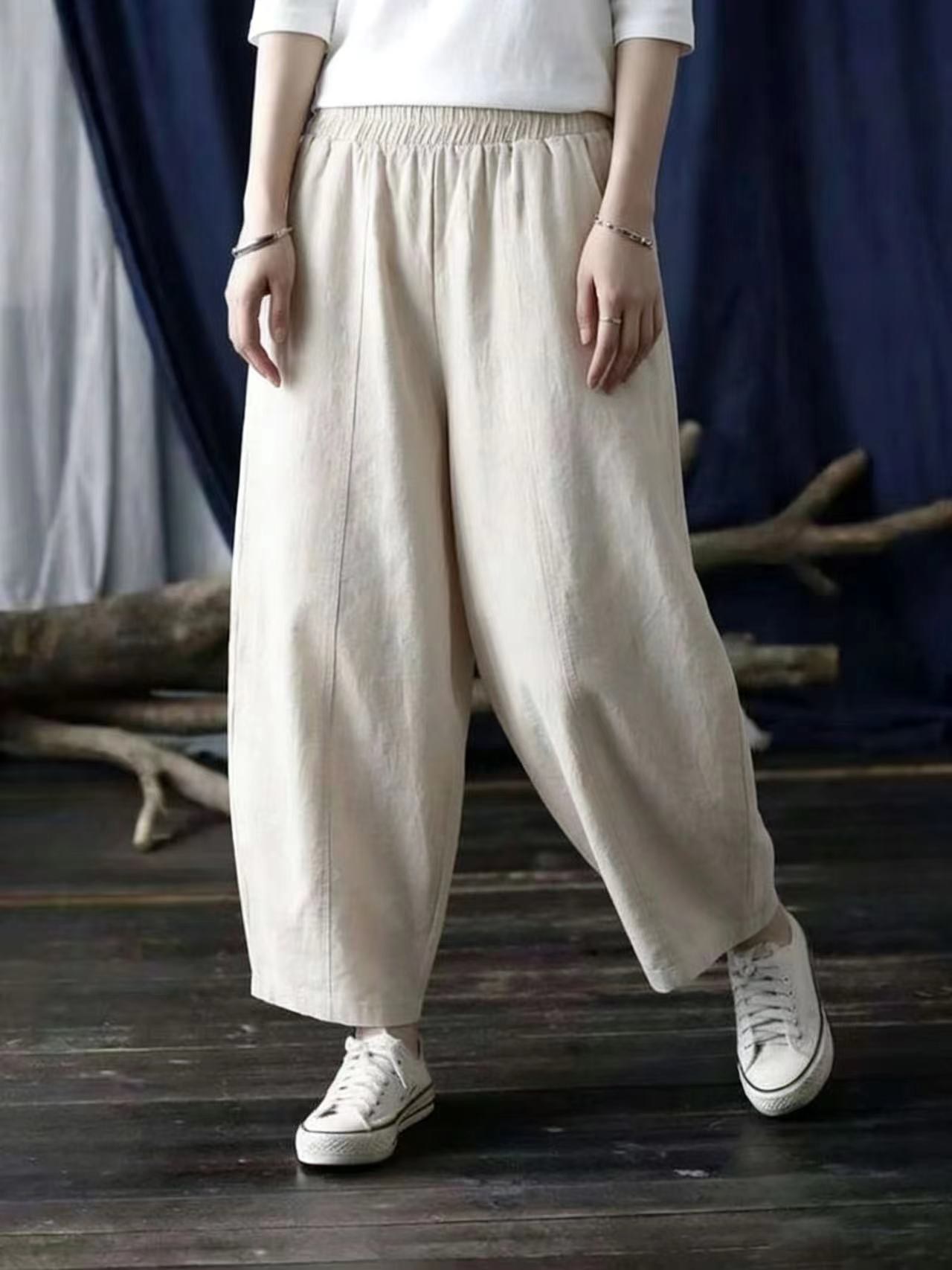 レトロな芸術的コットンリネンワイドレッグパンツ、ハイウエスト - Linen Pant Wide のレビューと価格