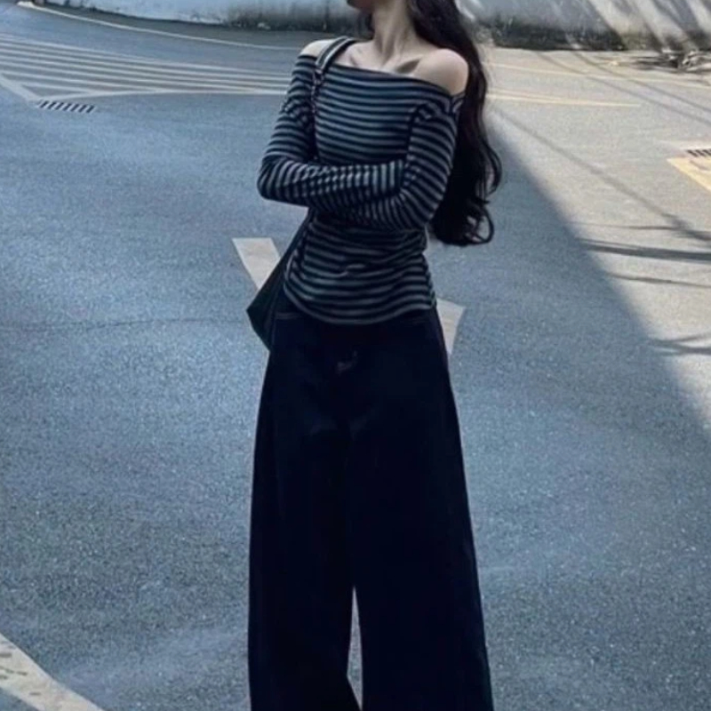 女性用ヴィンテージストライプオフショルダーロングスリーブトッ - Blouse Off Shoulder のレビューと価格
