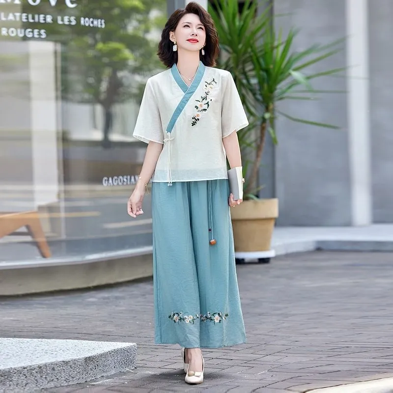 レディース新中国風リネンツーピースセットカジュアル夏服お母さ - Linen Pant Wide のレビューと価格