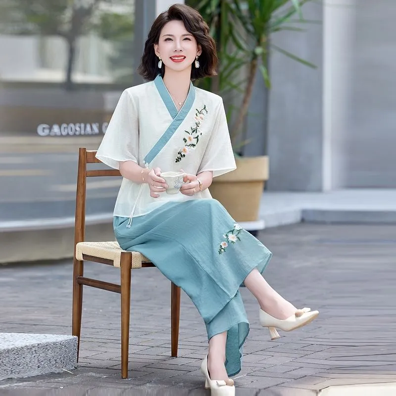 レディース新中国風リネンツーピースセットカジュアル夏服お母さ - Linen Pant Wide のレビューと価格