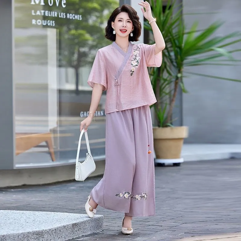 レディース新中国風リネンツーピースセットカジュアル夏服お母さ - Linen Pant Wide のレビューと価格