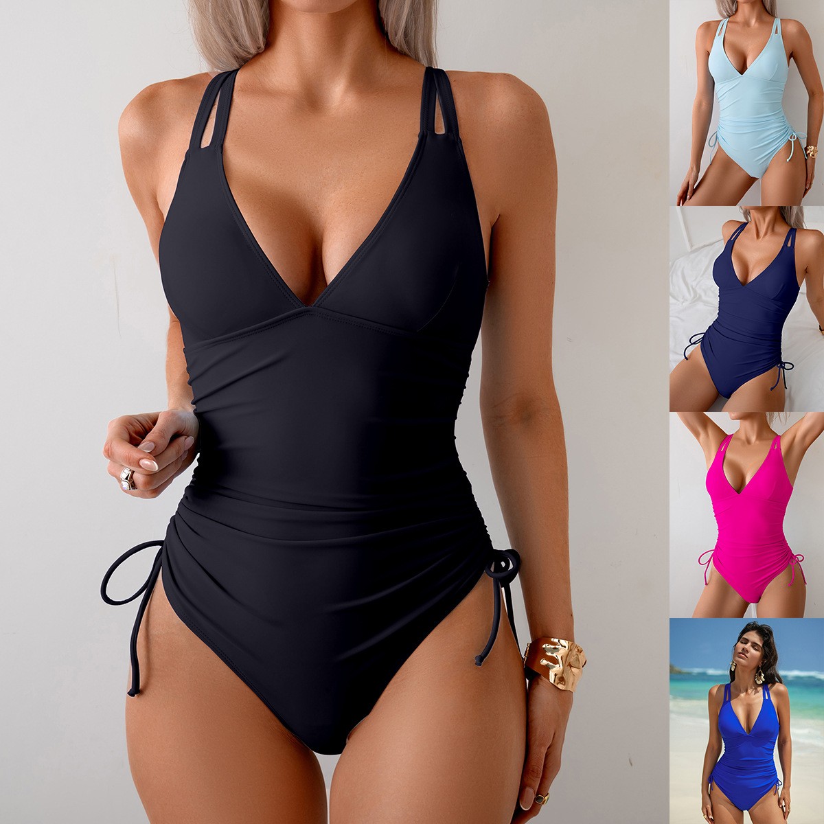 ソリッドブラックのVネックワンピース水着、ウエストにギャザー - Swimsuit Bikini Ruched のレビューと価格