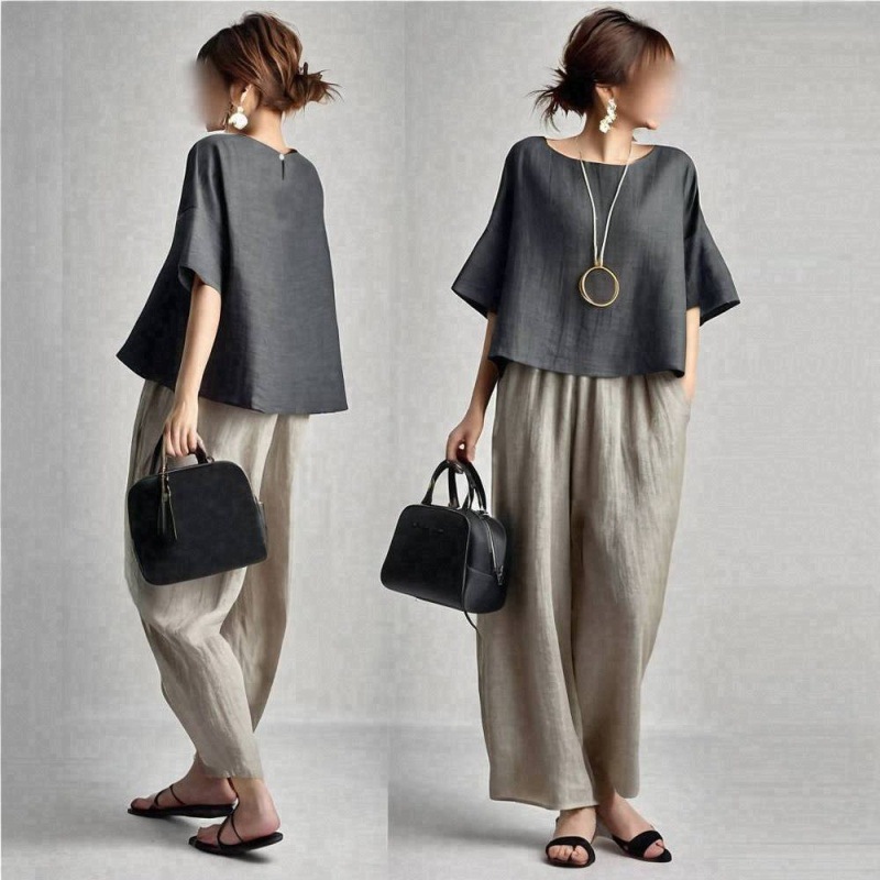ツーピース レディース パンツセット 無地 マッチングセット - Linen Pant Wide のレビューと価格