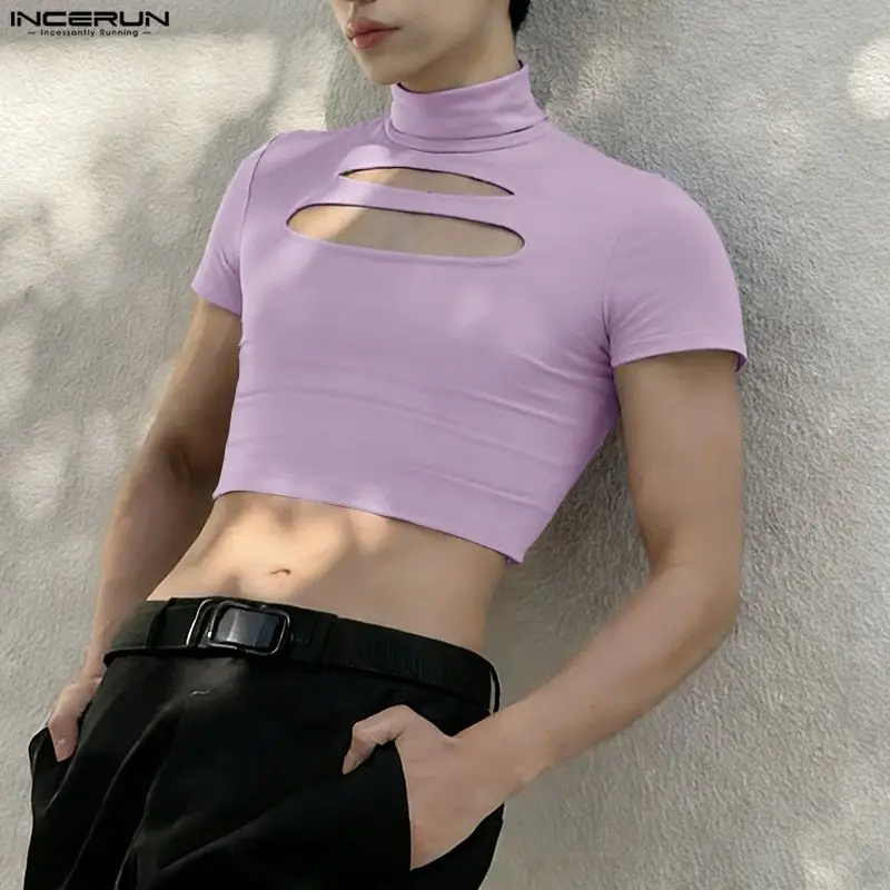 INCERUN 男性 Tシャツソリッドタートルネック半袖中空 - Crop Top Crochet のレビューと価格
