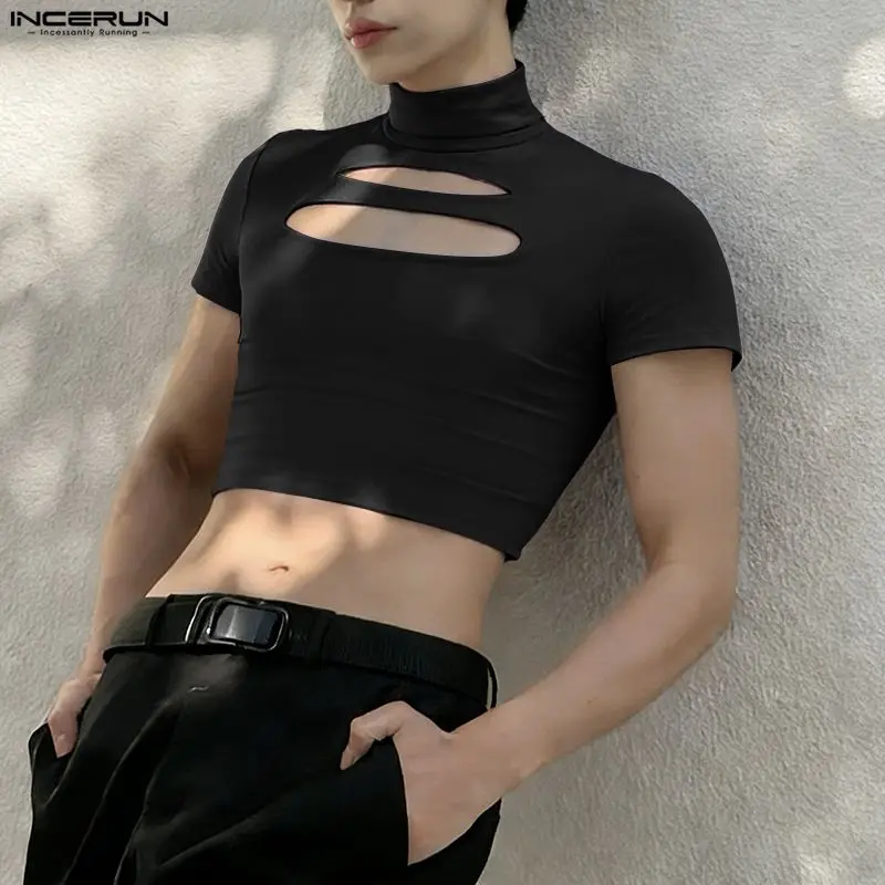 INCERUN 男性 Tシャツソリッドタートルネック半袖中空 - Crop Top Crochet のレビューと価格