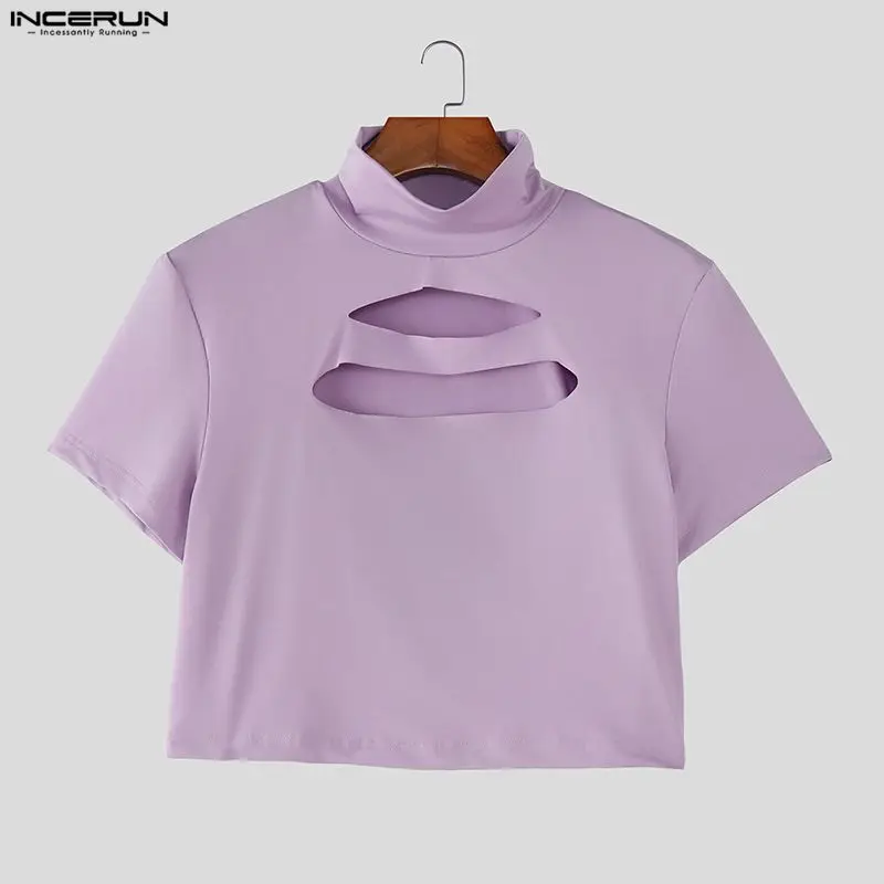 INCERUN 男性 Tシャツソリッドタートルネック半袖中空 - Crop Top Crochet のレビューと価格