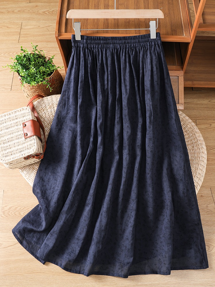 レトロ花柄プリントコットンリネンハーフスカート女性の夏弾性ハ - Midi Skirt Floral のレビューと価格